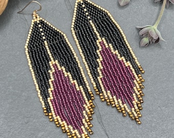 Beaded Fringe Earrings, Black, Fuchsia, & Gold Colors