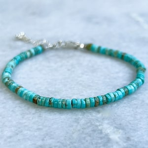 Turquoise Heishi Bracelet, Blue Turquoise & Sterling Silver, Layering Bracelet, Adjustable Length