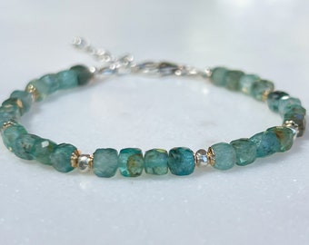 Blue Apatite Gemstone Bracelet with Sterling Silver and 14k Gold Filled Accents (Mixed Metals), Blues & Greens, Layering Bracelet