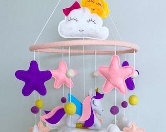 Unicorn Mobile for Baby Girl, Hand sewn with Felt, Unicorn and an Array of Stars and Clouds for Nursery (Pink/Purple)