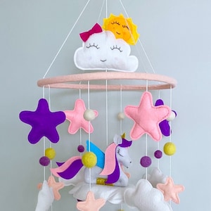Unicorn Mobile for Baby Girl, Hand sewn with Felt, Unicorn and an Array of Stars and Clouds for Nursery (Pink/Purple)