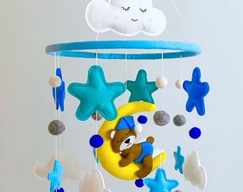 Teddy Bear Mobile for Baby Boy with an Array of Blue and Teal Stars and Clouds, Hand Sewn with Felt…Great Addition for Nursery Decor!