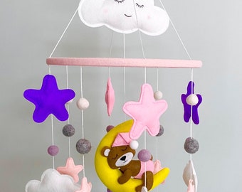 Teddy Bear Mobile for Baby Girl with an Array of Pink and Purple Stars and Clouds, Hand Sewn with Felt…Great Addition for Nursery Decor!