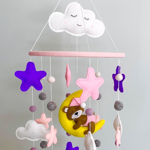 Teddy Bear Mobile for Baby Girl with an Array of Pink and Purple Stars and Clouds, Hand Sewn with Felt…Great Addition for Nursery Decor!