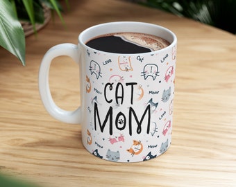 Cat Mom Cat Print Mug in Black, Fun Cat Mug, Gift for Cat Person, Gift for Cat Lovers, Cat Coffee Mug