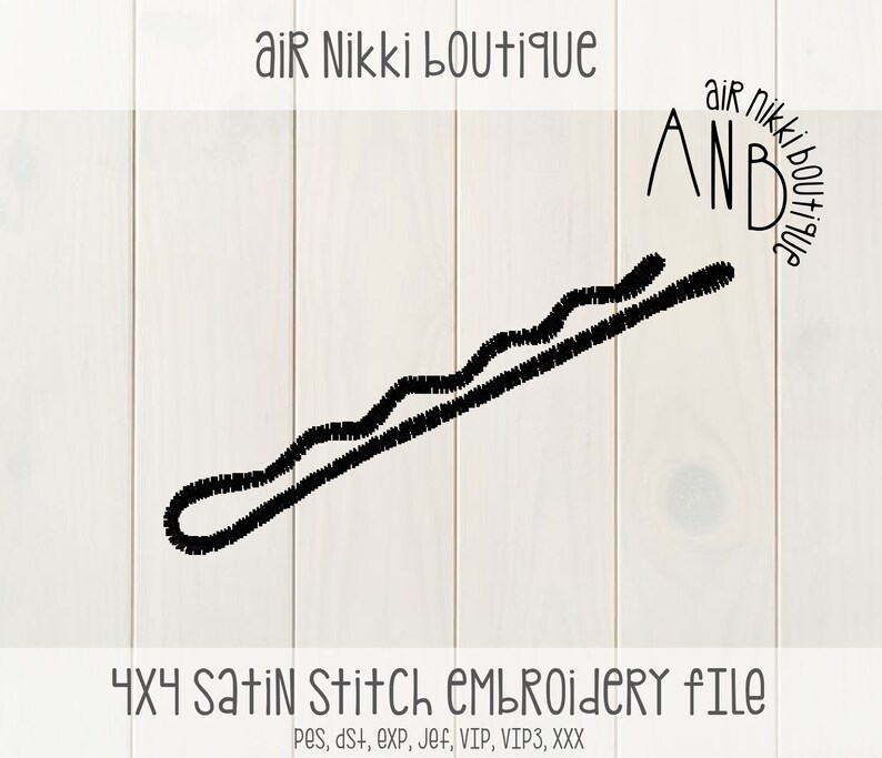 May include: Black and white embroidery design of a hair clip, 4x4 satin stitch embroidery file.  The design is labeled "AND" with the text "air nikki boutique" around it.