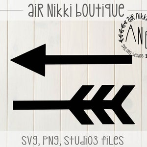 May include: Two black arrow designs on a white wood background. The top arrow points to the left and the bottom arrow points to the right. The text "Air Nikki Boutique" and "SVG, PNG, Studio3 files" is also visible.