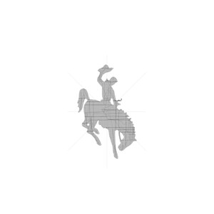 May include: A black and white embroidered design of a cowboy riding a bucking horse. The design is approximately 2.37 inches wide and 3.74 inches tall.