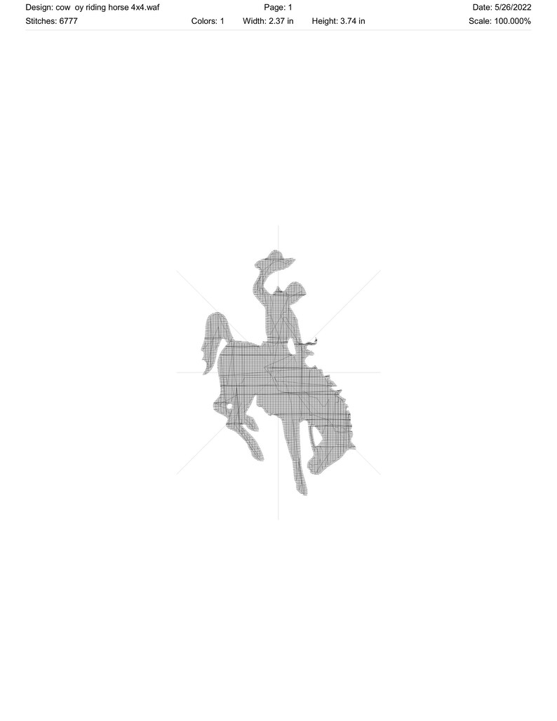May include: A black and white embroidered design of a cowboy riding a bucking horse. The design is approximately 2.37 inches wide and 3.74 inches tall.