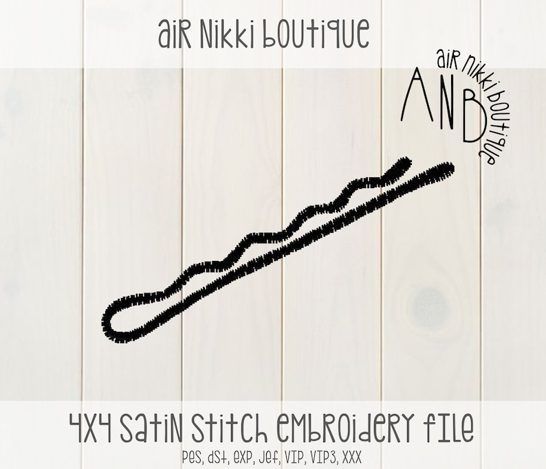May include: Black and white embroidery design of a hair clip, 4x4 satin stitch embroidery file.  The design is labeled "AND" with the text "air nikki boutique" around it.