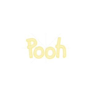K&ouml;nnte beinhalten: Ein gelbes gesticktes Design des Wortes "Pooh" mit einem gestickten Umriss.