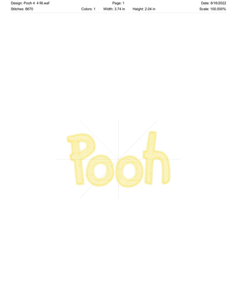 K&ouml;nnte beinhalten: Ein gelbes gesticktes Design des Wortes "Pooh" mit einer Stichzahl von 8670.
