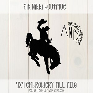 May include: Black and white silhouette of a cowboy riding a bucking bronco. The text "air Nikki boutique" is written in a circle around the image. The text "AND" is written below the circle. The text "4X4 Embroidery Fill File" is written below the image. The text "Pes, dS+, EXP, Jef, VIP, VIP3, XXX" is written below the text "4X4 Embroidery Fill File".
