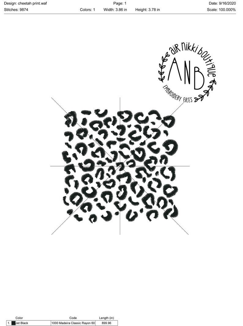 Puede incluir: Dise&ntilde;o de bordado de estampado de leopardo en blanco y negro. El dise&ntilde;o tiene 3,86 pulgadas de ancho y 3,78 pulgadas de alto. Contiene 9874 puntadas y est&aacute; hecho con hilo 1000 Madeira Classic Rayon 60.