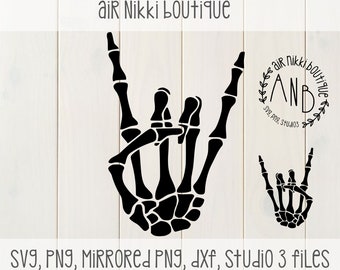 Rock on, Skelett Hand SVG, PNG, Gespiegeltes png, DXF, studio3 Dateien, sofortiger Download, Schnittdatei, Kamee, Cricut, Cut n scan 2