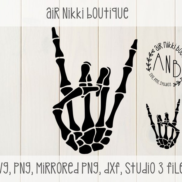 Rock on, skeleton hand SVG, PNG, Mirrored png, DXF, studio3 files, instant download, cut file, cameo, cricut, cut n scan 2