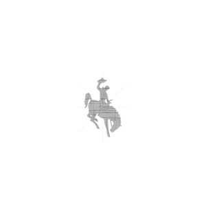 May include: A black and white embroidered design of a cowboy riding a bucking horse. The design is approximately 1.55 inches wide and 2.46 inches tall.
