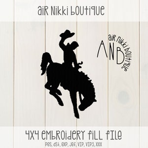 May include: Black and white silhouette of a cowboy riding a bucking bronco. The text "air Nikki boutique" is written in a circle around the image. The text "AND" is written below the circle. The text "4X4 Embroidery Fill File" is written below the image. The text "Pes, dS+, EXP, Jef, VIP, VIP3, XXX" is written below the text "4X4 Embroidery Fill File".