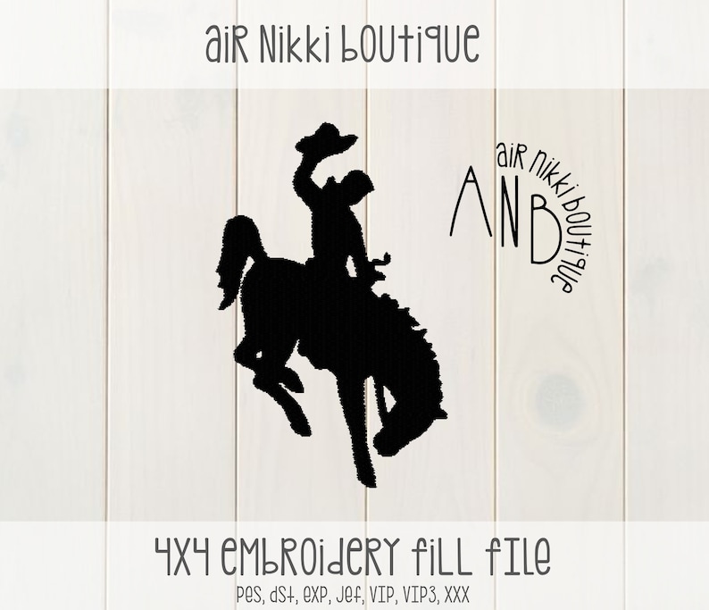May include: Black and white silhouette of a cowboy riding a bucking bronco. The text "air Nikki boutique" and "AND" are also included in the image.