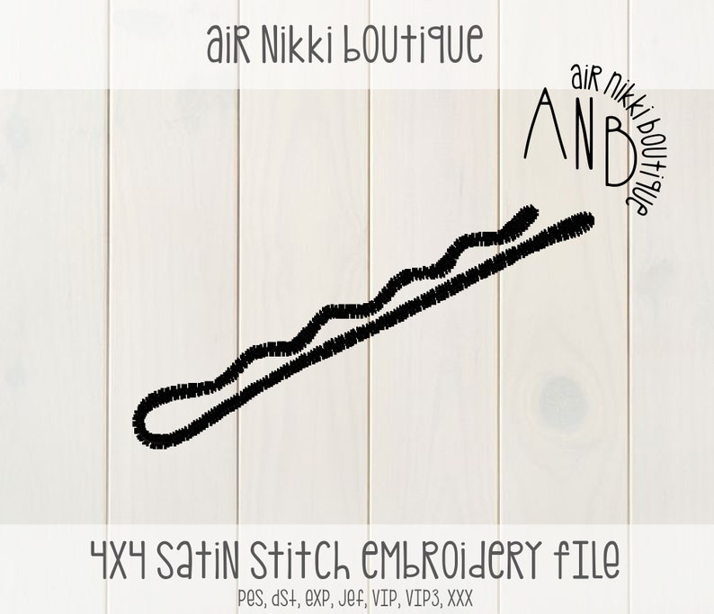 May include: Black and white embroidery design of a hair clip, 4x4 satin stitch embroidery file.  The design is labeled "AND" with the text "air nikki boutique" around it.
