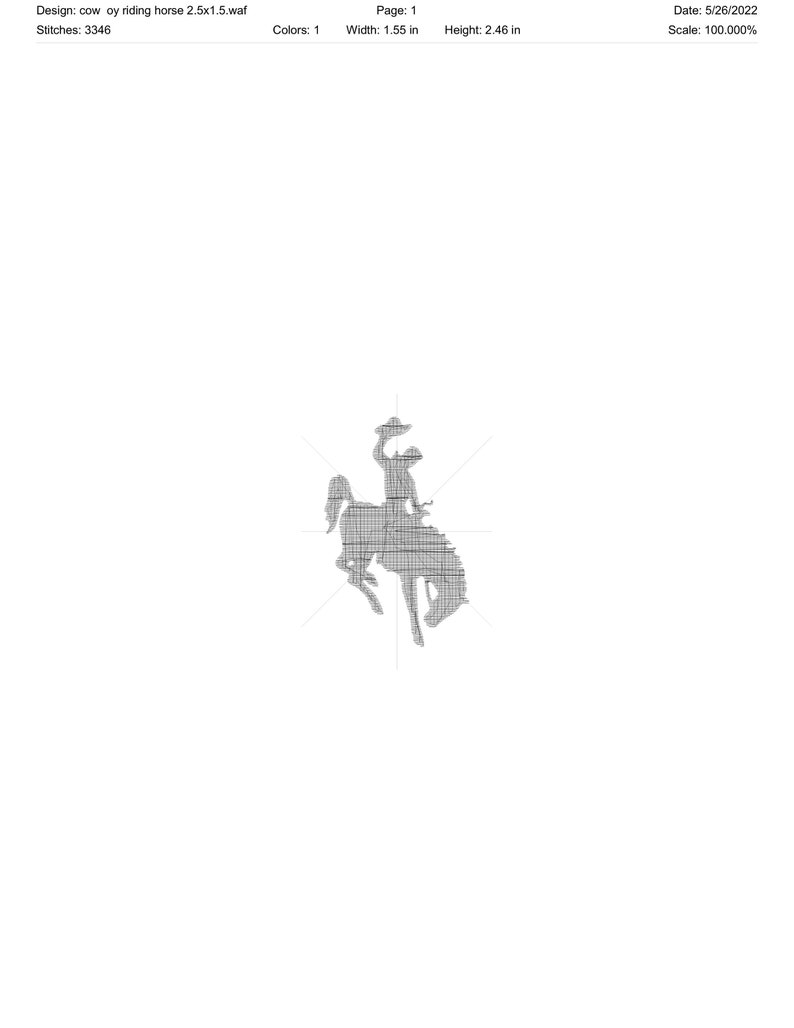 May include: A black and white embroidered design of a cowboy riding a bucking horse. The design is approximately 1.55 inches wide and 2.46 inches tall.
