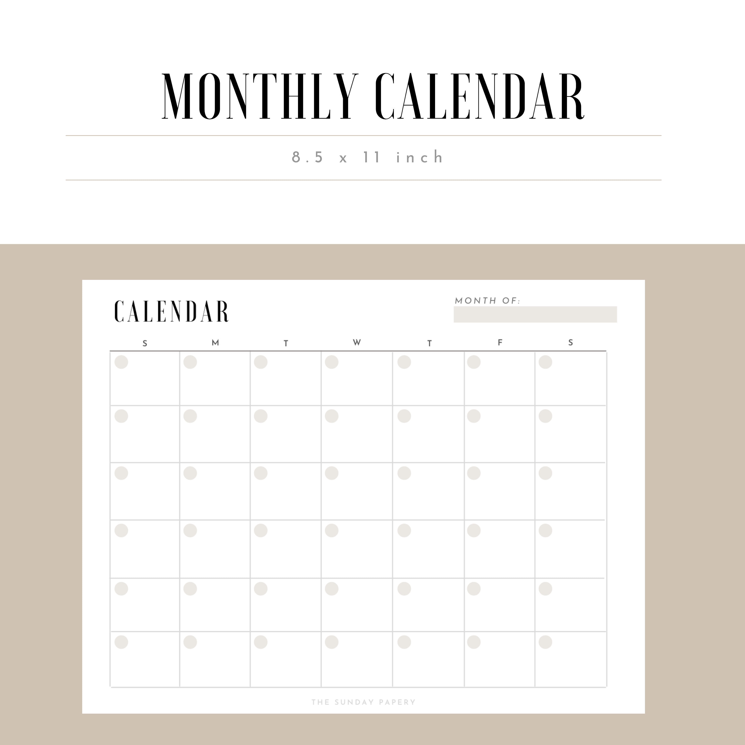 Monthly calendar 8 5x11 inch printable downloadable etsy