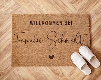 Personalisierte Kokos-Fußmatte mit Familienname und Herz – "Willkommen" | Indoor-Türmatte | Geschenk zum Einzug & Hochzeit