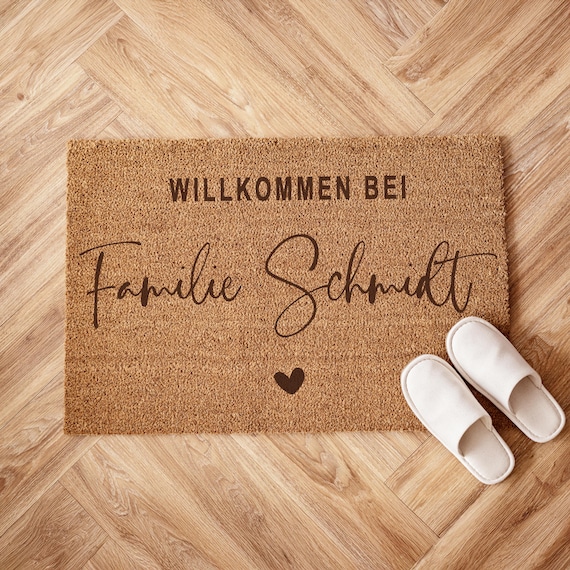 Personalisierte Kokos-Fußmatte mit Familienname und Herz – "Willkommen" | Indoor-Türmatte | Geschenk zum Einzug & Hochzeit