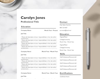 Fillable Resume Template, Professional Digital Resume Template, Digital Download, One Page Resume, PDF and Online Format