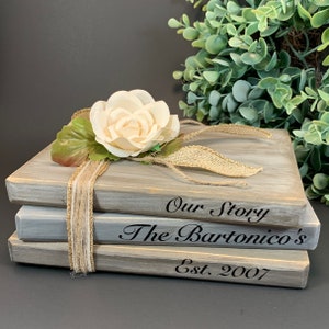 Wooden Book Stack - 8&quot;L x 4&quot;H - Faux Books - Personalized - Custom Made - Anniversary Gift - Housewarming - Home Decor - Our Story - Accent