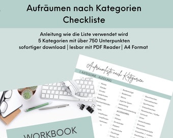 Aufräumen nach Kategorien, Checkliste mit 750 Punkten, Ausmisten, Aussortieren, Ordnung, Konmari, Marie Kondo, Planner, Workbook, Organize