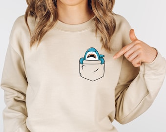 Funny Shark Pocket Graphic Sweatshirt, Cute Unisex Fit