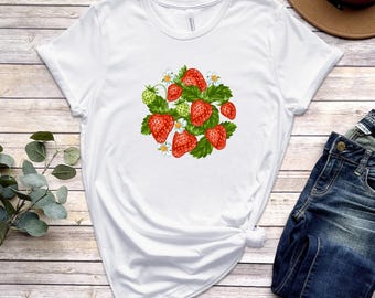 Strawberry Print Shirt: Cottagecore Botanical Tee