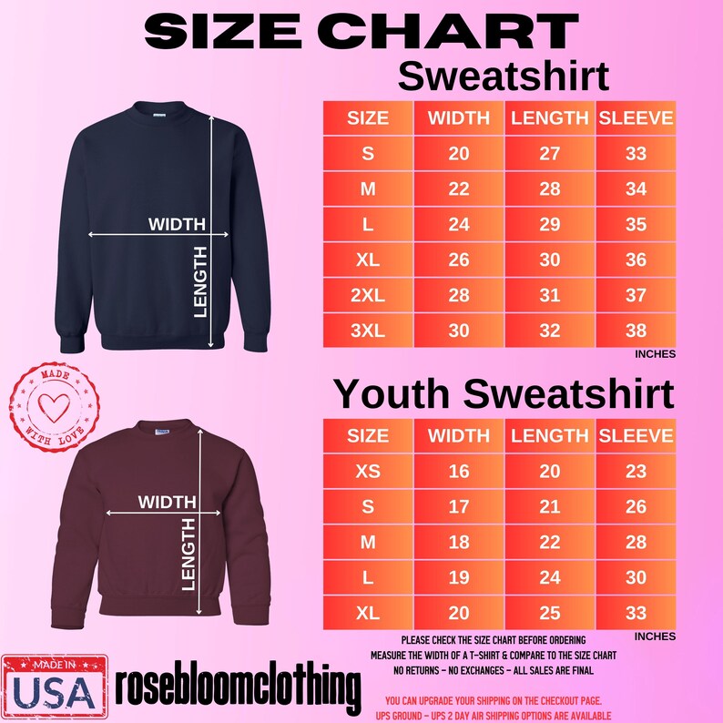 a size chart for a sweatshirt with measurements