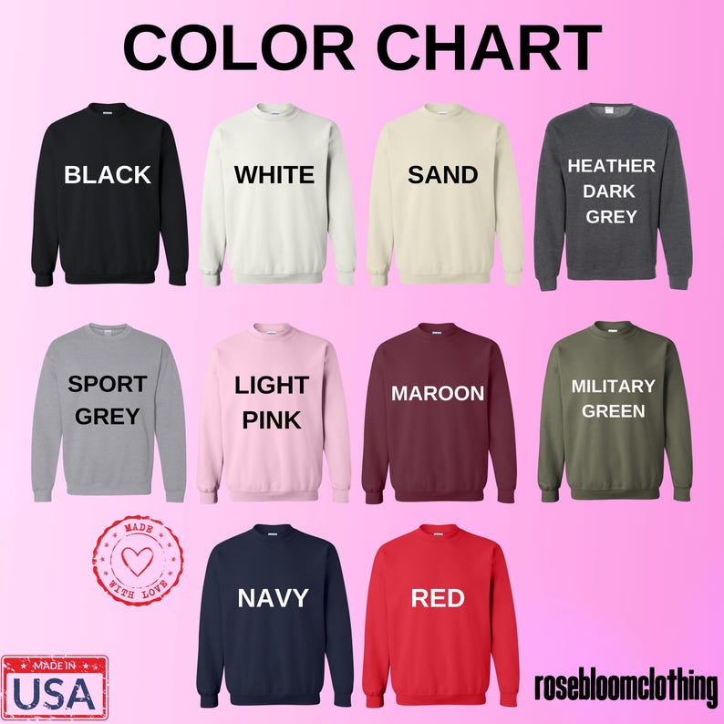 a group of sweatshirts that say color chart