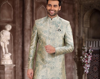 Jasnozielony Indowestern Sherwani: Garnitur ślubny dla pana młodego, duży rozmiar