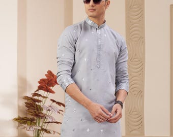 Grey Banarasi Silk Men's Kurta Pajama: Sequence Embroidery, Partywear