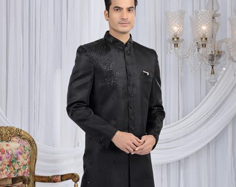 Black Embroidered Groom Sherwani | Silk Customised Indowestern Outfit