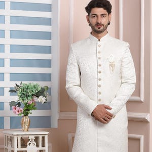 Floral Print white groom sherwani