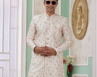 Floral Silk Groom Sherwani: Indian Wedding Jodhpuri Suit