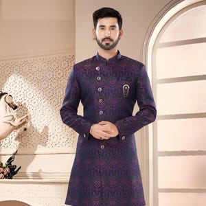 Blue Groom Sherwani | Men&#39;s Silk Indowestern Party Wear | Jodhpuri Pakistani Style Wedding Sherwani | Anniversary Gift | Express Shipping