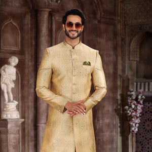 Digital Print Mustard Yellow Sherwani Pakistani Silk Men&#39;s Indowestern Plus Size Classic Groom Sherwani Fancy Button Engagement Men&#39;s Suit