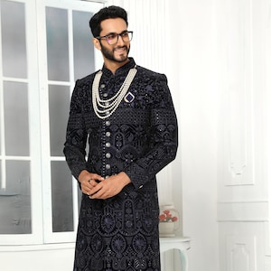 Designer Black Groom Sherwani | Embroidery Indian Wedding Sherwani | Pakistani Style Party Wear Sherwani | Classic Floral Sherwani for Men