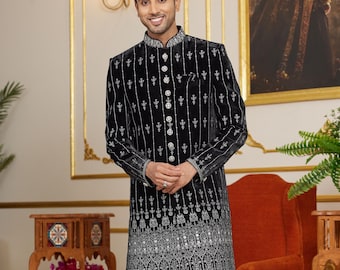 Floral Work Designer Groom Sherwani - Pakistani Style Groomsmen Attire