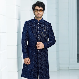 Embroidered Navy Blue Groom Sherwani Sequins Work Pakistani Sherwani Floral Work Classic Groom Sherwani Customized Wedding Groom Sherwani