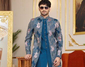 Blue Floral Groom Sherwani Jacket: Exclusive Indowestern Wedding Suit