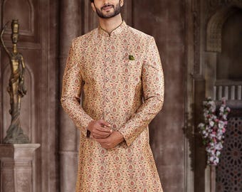 Indowestern Kurta Sherwani pour homme d'honneur classique beige Kurta Sherwani pour garçon d'honneur costume de mariage Vêtements indiens traditionnels