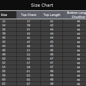 May include: A size chart with a black background and white text. The chart is labeled "Size Chart" at the top and includes columns for size, top chest, top length, and bottom length. The sizes range from 32 to 62.