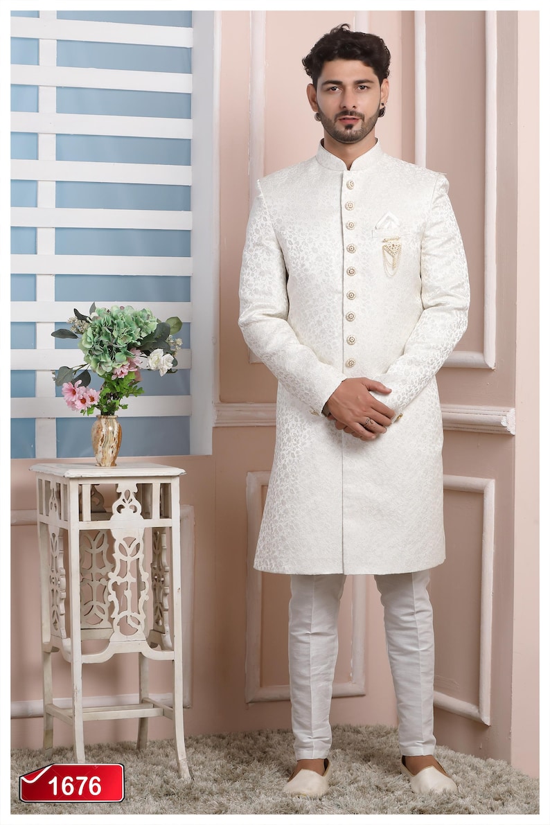 Floral Print white groom sherwani