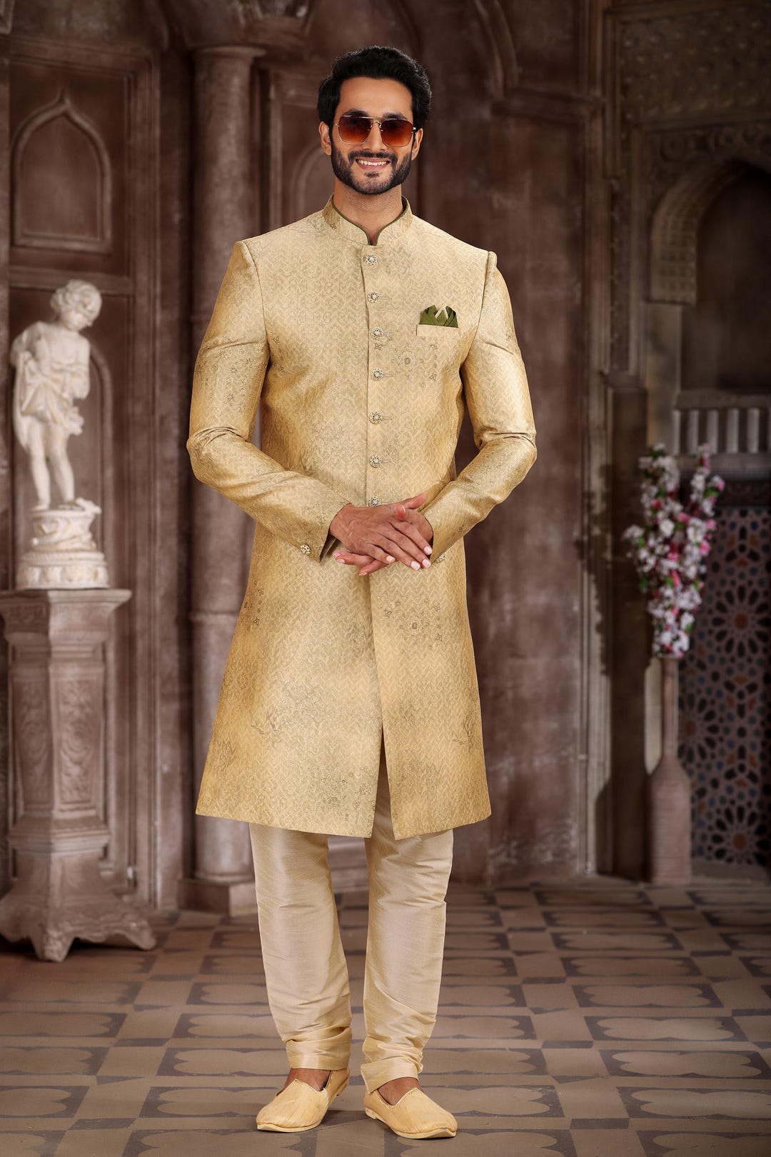 Mustard Yellow Silk Sherwani: Digital Print Indowestern Groom Suit - Etsy